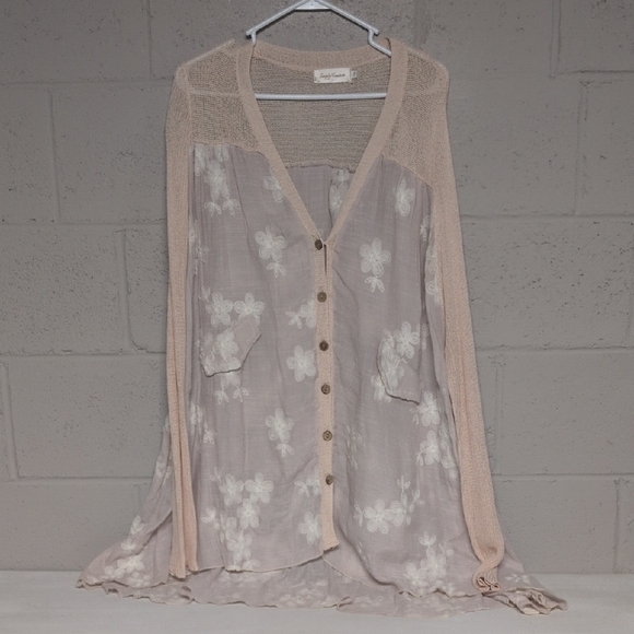 Simply Couture Sweaters - Simply Couture Beige Floral Mixed Media Cardigan Duster Size 1XL NWOT